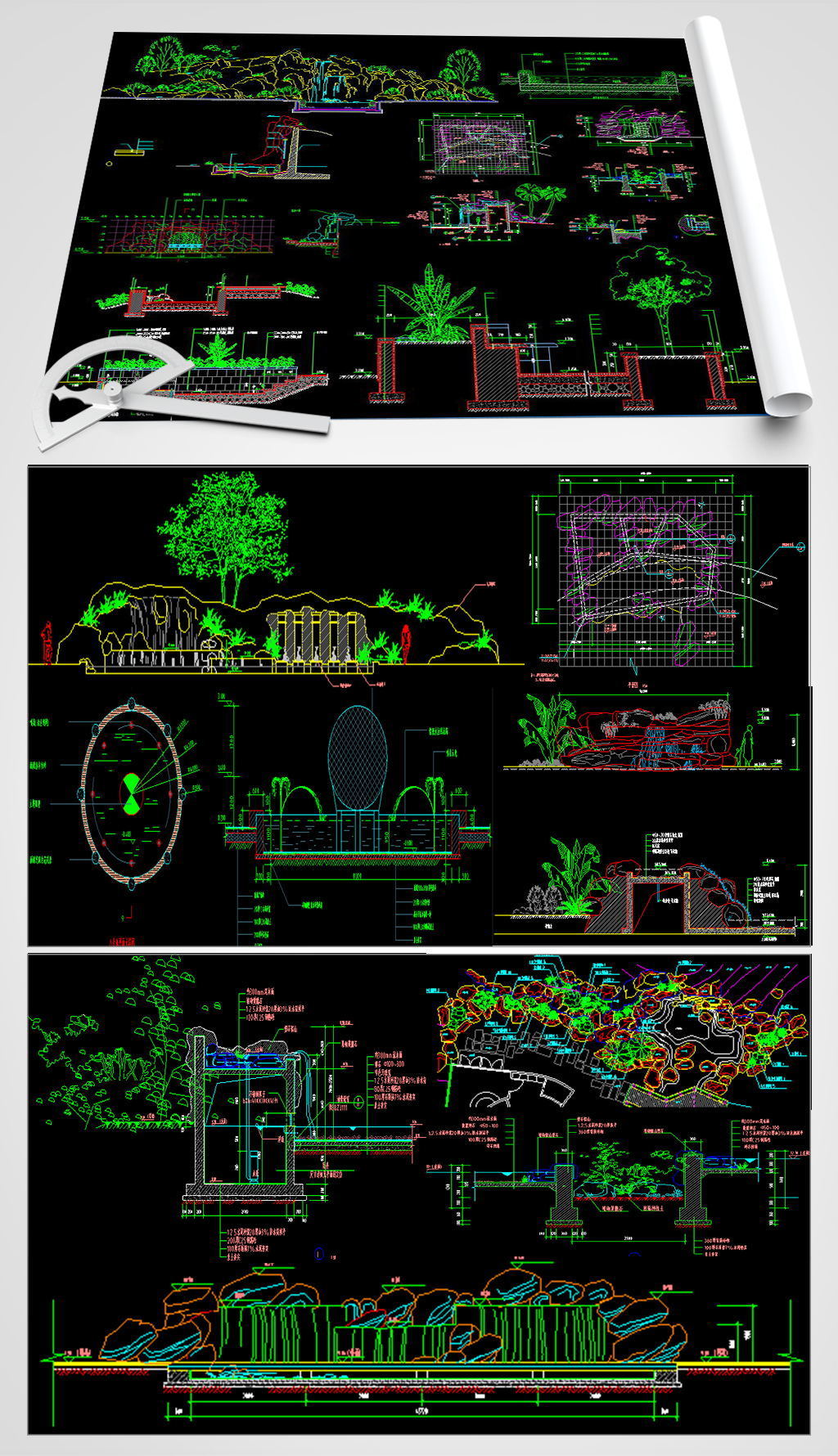 原创园林景观假山水池小桥CAD设计图-版权可商用
